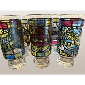 Set of 6 Anchor Hocking Beer Glass Circa 1970 Tumblers Stain Glass 6.5" Tall